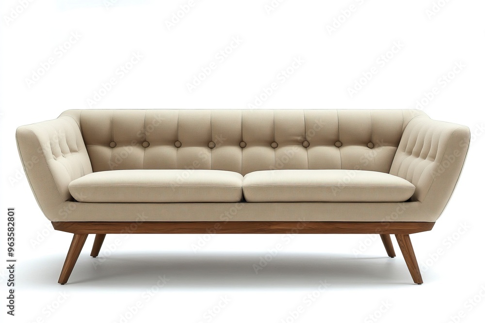 Fototapeta premium Chic modern sofa with button tufts and angular wooden legs isolated.generative ai