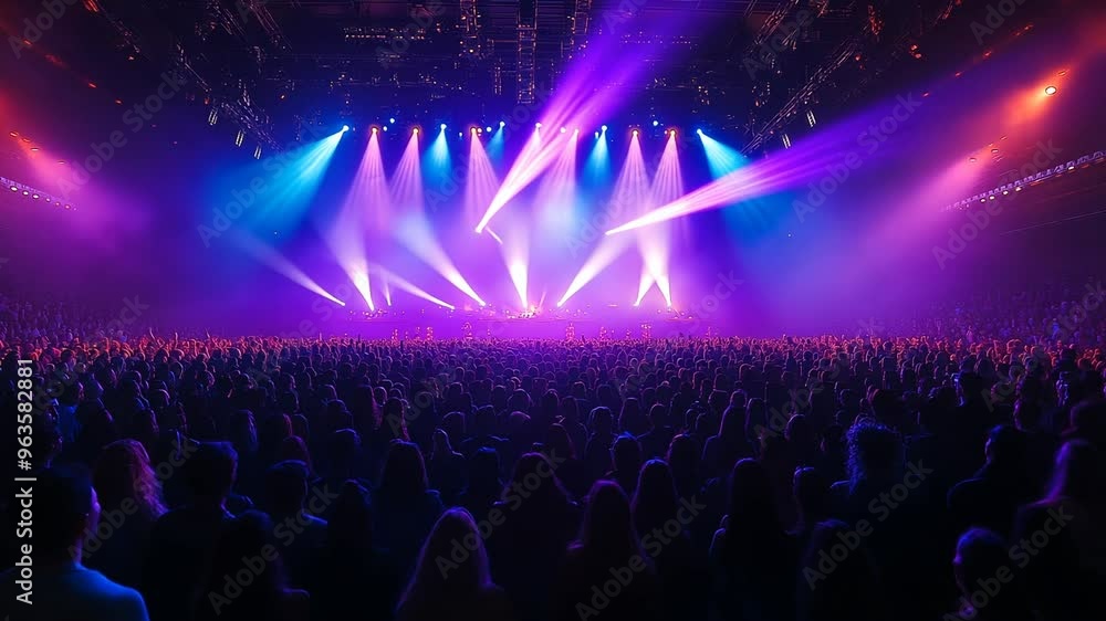 A large crowd enjoys a concert in a stadium, illuminated by stage lights. A large crowd enjoys a concert in a stadium, illuminated by stage lights.