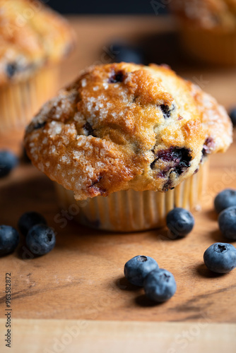 Close-up shot of blueberry muffin with selective focus on front of muffin