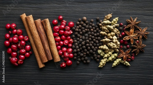 Fototapeta Naklejka Na Ścianę i Meble -  Colorful spices including black pepper, cayenne pepper, cardamom, cinnamon sticks, star anise, nutmegs, and cloves arranged on a dark wood background. The vibrant colors contrast with the deep gray