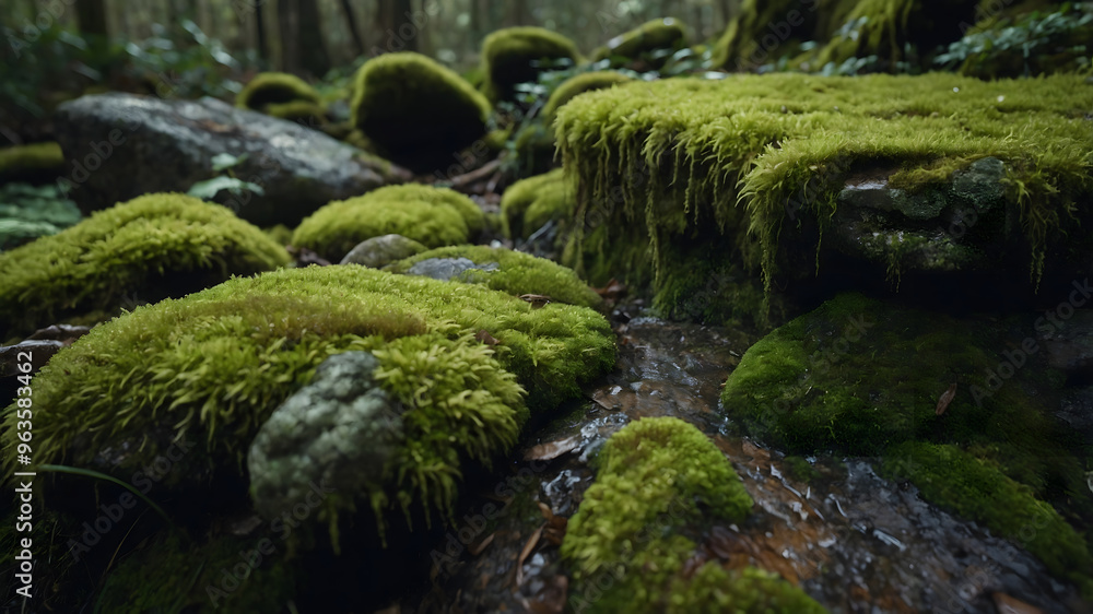 Lush green moss covering rocks beside a gentle stream in a serene forest during early morning light Lush green moss covering rocks beside a gentle stream in a serene forest during early morning light