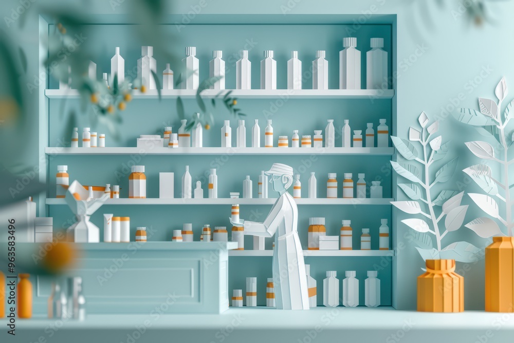 Illustration of a tranquil pharmacy setting with neatly arranged bottles and a pharmacist amid a calming blue backdrop. Illustration of a tranquil pharmacy setting with neatly arranged bottles and a pharmacist amid a calming blue backdrop.