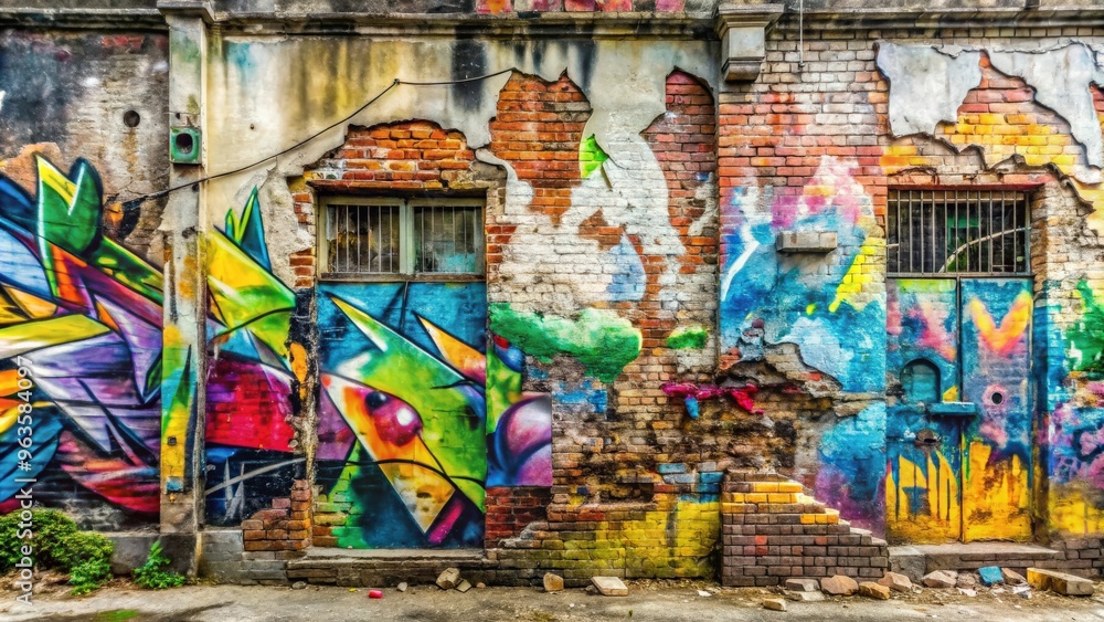 Fototapeta premium Fragmented graffiti drawings on old wall with paint stains in street art style background texture