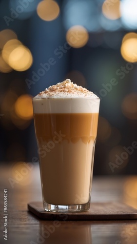 Freshly Brewed Latte in a Tall Glass with Frothy Milk Topping Coffee Concept.