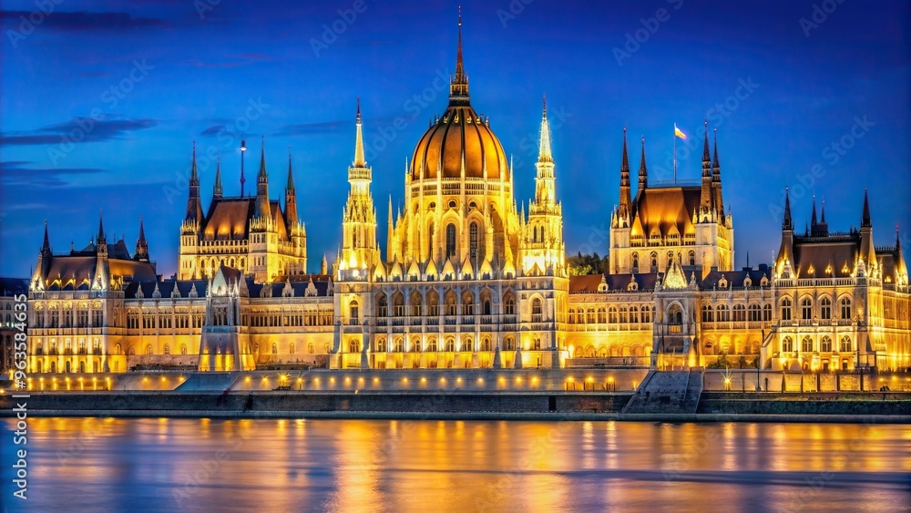 Parliament building in Budapest illuminated at night showcasing its stunning asymmetrical architecture, nighttime, night, building, exterior, historic, tourist attraction, asymmetrical