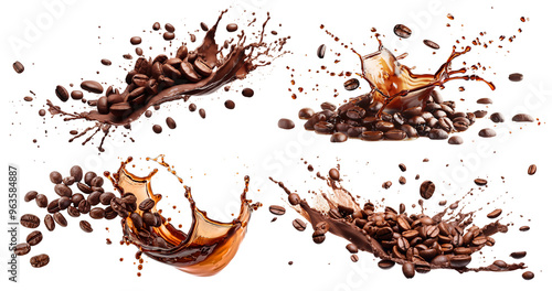 Set of delicious coffee beans splashing in coffee, cut out