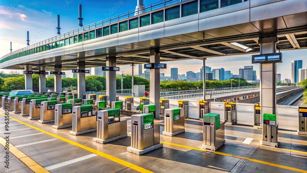 Naklejka premium barrier, innovation, tilted angle, fee payment, expressway, technology, convenience, toll booth, infrastructure, modern, Gate for expressway fee payment in Bangkok by EXAT Tilted Angle