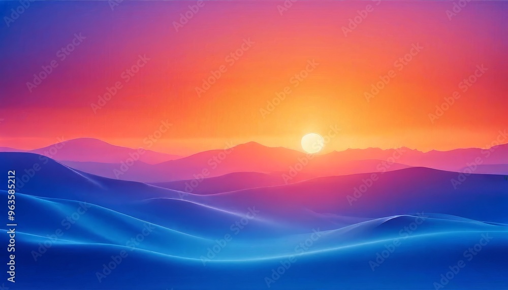 Mesmerizing sunrise casting a vibrant glow over undulating sand dunes. The smooth blue waves of the dunes contrast beautifully with the orange and pink hues of the sky, creating a serene and Mesmerizing sunrise casting a vibrant glow over undulating sand dunes. The smooth blue waves of the dunes contrast beautifully with the orange and pink hues of the sky, creating a serene and