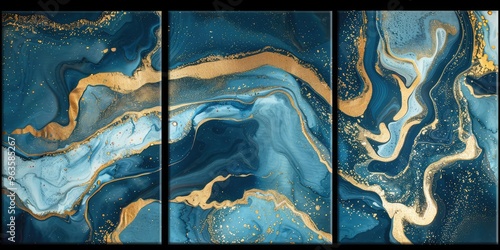 Abstract Marbled Ink Wall Art Panels with Blue and Gold Colors. AI generated illustration photo