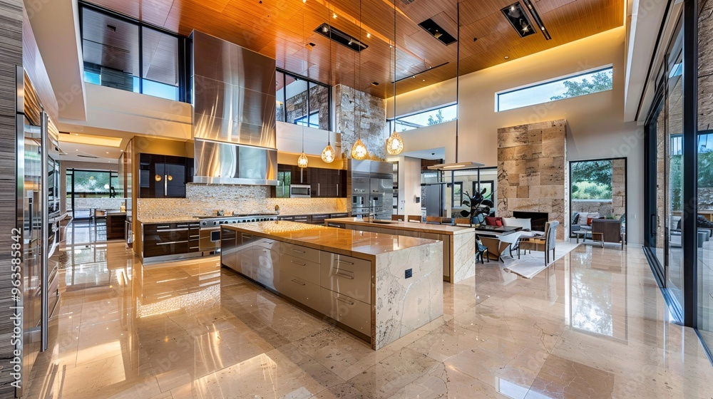 Modern Kitchen Interior with High Ceilings and Large Windows Modern Kitchen Interior with High Ceilings and Large Windows