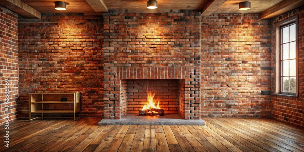 Empty room with brick wall and fireplace, creating a cozy and rustic atmosphere Empty room with brick wall and fireplace, creating a cozy and rustic atmosphere