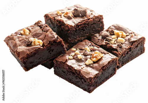 A squared slices of chocolate brownies isolated on white background. Tasty homemade chocolate cocoa brownie, chocolate fudge pieces. Chocolate brownie cake slice set