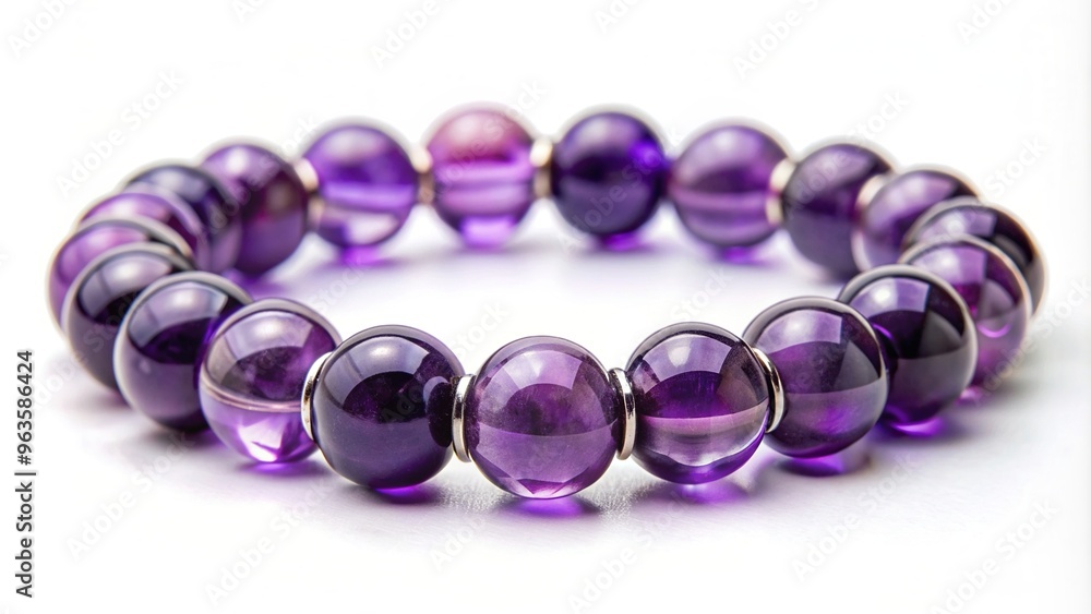 Amethyst gemstone bracelet with a symmetrical design featuring a purple or violet crystal stone placed on a clean white background, accessory, sunlight, elegance, bracelet, reflection Amethyst gemstone bracelet with a symmetrical design featuring a purple or violet crystal stone placed on a clean white background, accessory, sunlight, elegance, bracelet, reflection