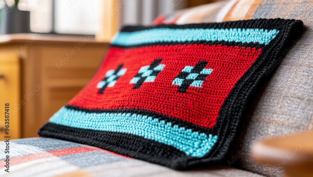 Hand-Knit Balinese Blanket on Wooden Sofa Hand-Knit Balinese Blanket on Wooden Sofa