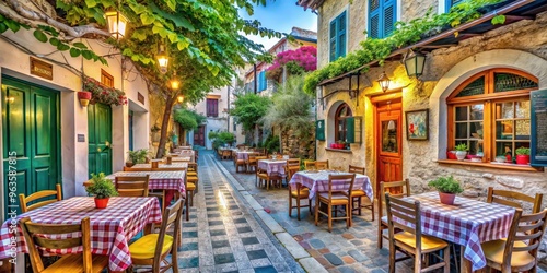 Fototapeta Naklejka Na Ścianę i Meble -  Cozy old Greek streets lined with small tavernas, perfect for a leisurely meal and soak in the authentic atmosphere