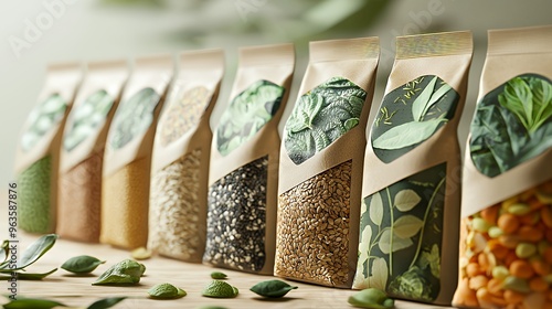 A row of various grains in transparent pouches with green leaves printed on them.