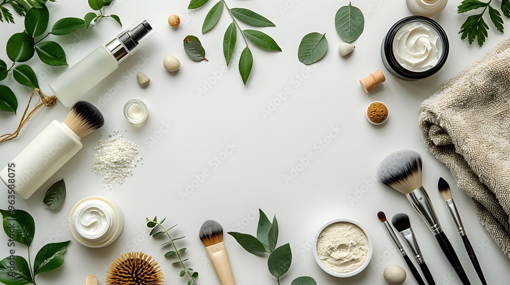 Flat lay composition of natural beauty products with green leaves on white background. Skincare and makeup items arranged in a circle with copy space. Organic cosmetics concept for banner, marketing Flat lay composition of natural beauty products with green leaves on white background. Skincare and makeup items arranged in a circle with copy space. Organic cosmetics concept for banner, marketing