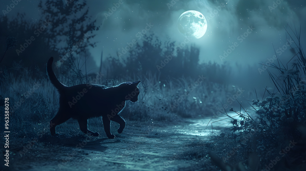 Mysterious black cat with glowing eyes cautiously walks along moonlit path in V6 raw style. Mysterious black cat with glowing eyes cautiously walks along moonlit path in V6 raw style.