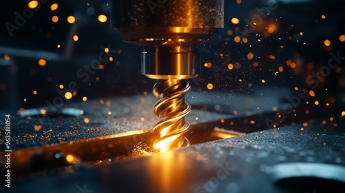 A highresolution closeup image displays a drill bit within a workshop, vividly emphasizing the precision cutting process in metal manufacturing, complete with bright sparks flying all around photo