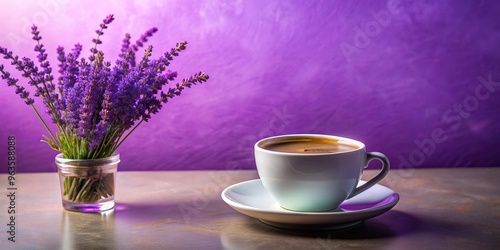 turkish coffee, cup, elegance, A cup of aromatic Turkish coffee is elegantly placed on a vibrant purple background embellished with the whimsical silhouette of a lavender flower