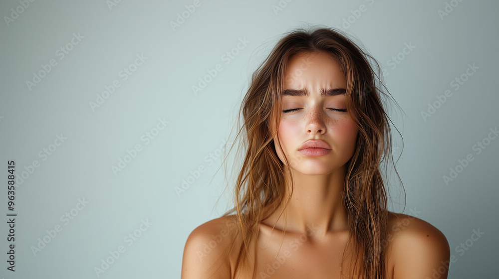 Burnout sad worried woman on plain background Burnout sad worried woman on plain background