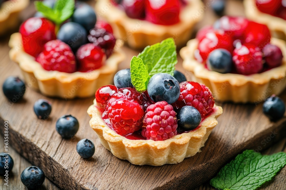 Mini berry tartlets topped with a variety of fresh berries and a mint leaf, displayed on a wooden board Mini berry tartlets topped with a variety of fresh berries and a mint leaf, displayed on a wooden board