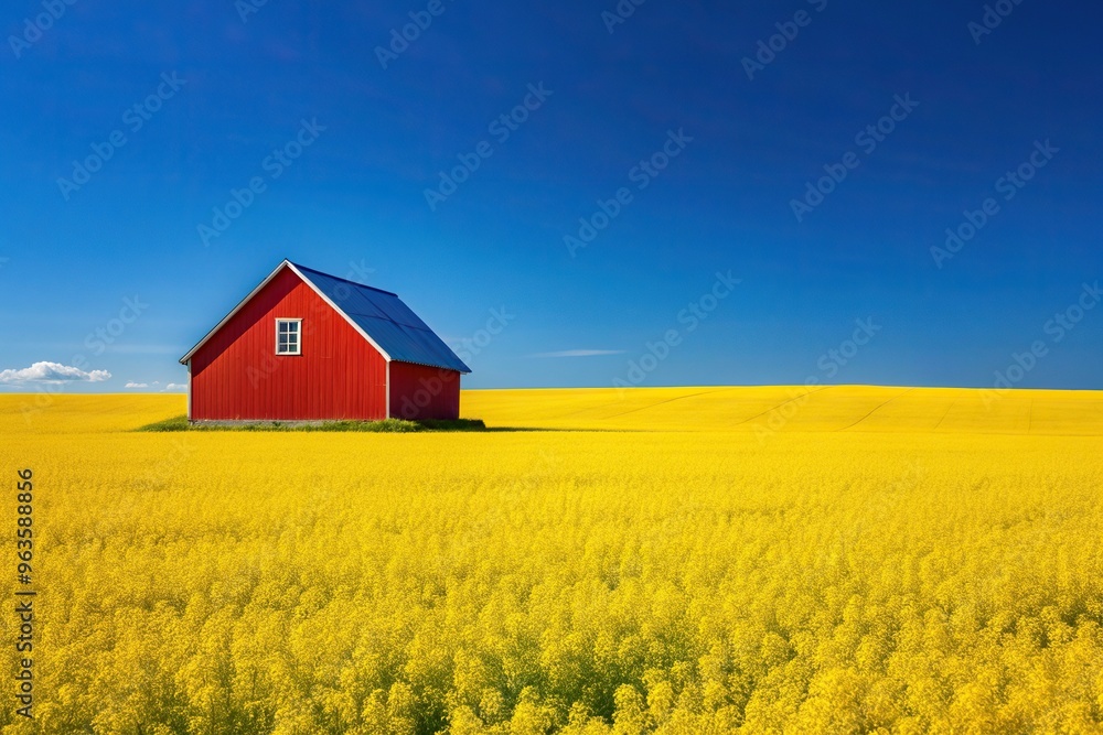 bloom, minimalist, bright red barn, blue sky, A minimalist stock photo featuring a rapeseed crop in full bloom with a bright red barn standing out against a clear blue sky