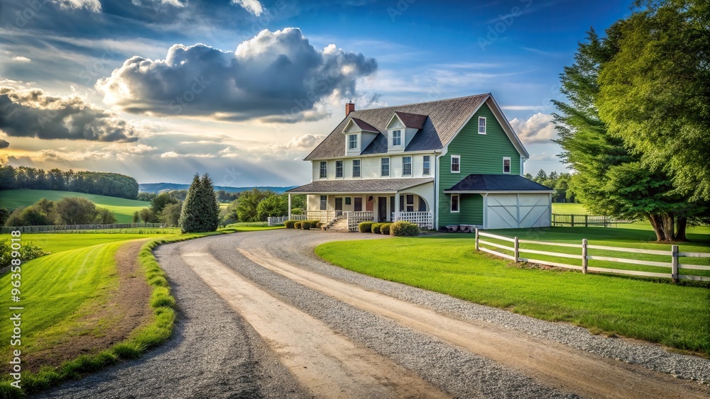 Large two story farmhouse surrounded by lush green fields and a picturesque gravel driveway leading to the entrance, exterior, two-story, rustic, nature, farmhouse style, estate, spacious Large two story farmhouse surrounded by lush green fields and a picturesque gravel driveway leading to the entrance, exterior, two-story, rustic, nature, farmhouse style, estate, spacious