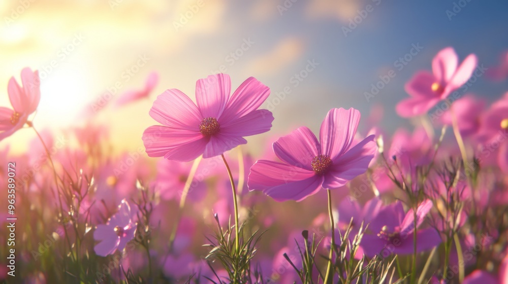Pink Cosmos Flowers in a Field at Sunset Pink Cosmos Flowers in a Field at Sunset