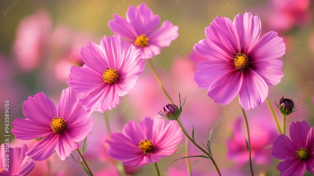 Pink Cosmos Flowers in a Field with Soft Focus Background Pink Cosmos Flowers in a Field with Soft Focus Background