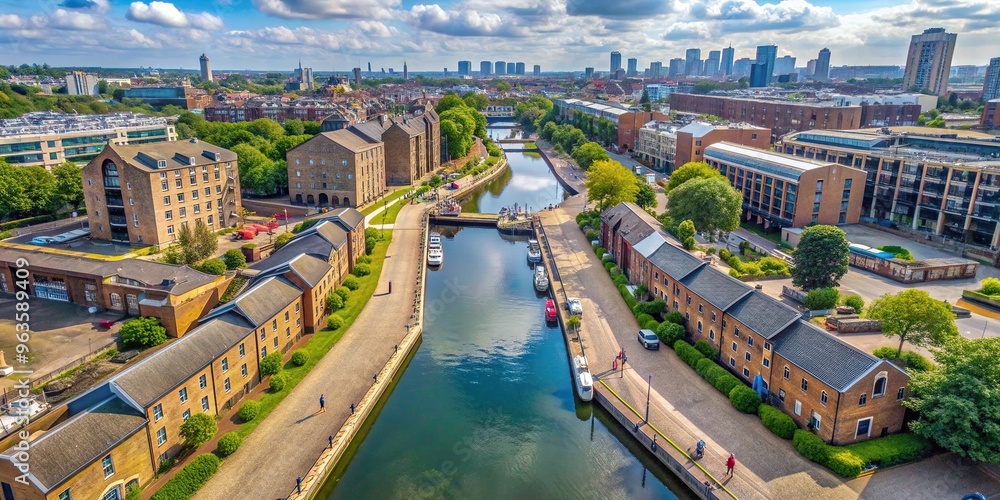 Obraz premium historic site, tourist attraction, tourism, aerial view, outdoor, urban planning, Aerial view of the picturesque Tobacco Dock and Ornamental Canal Path in Wapping London