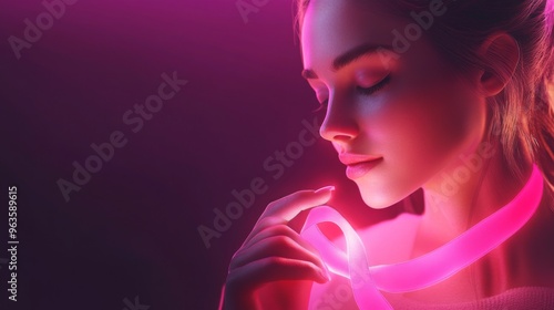 Woman Holding Pink Ribbon with Eyes Closed Against Purple Background