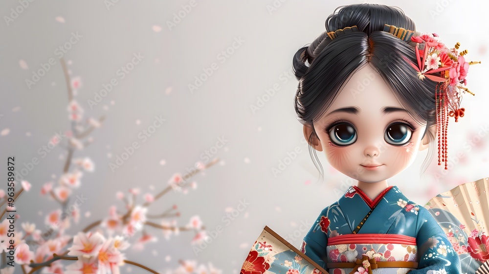 Cute cartoon girl in traditional kimono with cherry blossoms and fan. 3D illustration of a Japanese girl in a floral kimono. Perfect for cultural concept banners, posters, or Japanese-themed products Cute cartoon girl in traditional kimono with cherry blossoms and fan. 3D illustration of a Japanese girl in a floral kimono. Perfect for cultural concept banners, posters, or Japanese-themed products