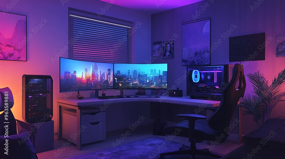 Modern Gaming Room Interior with Neon Lights Computer Desk and Gaming Chair Modern Gaming Room Interior with Neon Lights Computer Desk and Gaming Chair