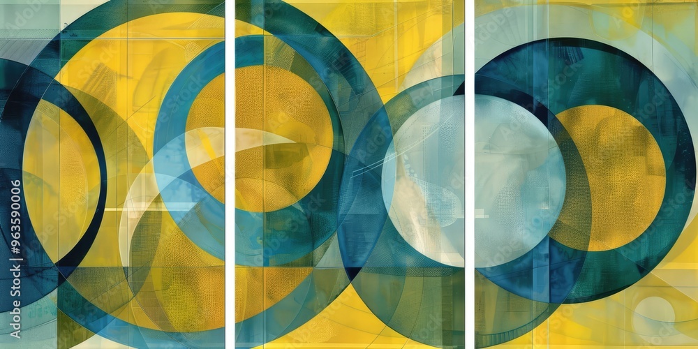 Obraz premium Geometric Abstract Wall Art Panels with Yellow and Blue Circles. AI generated illustration.