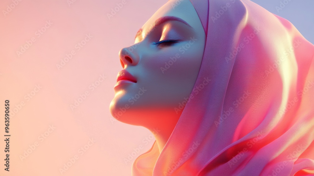 A Woman's Profile Wearing a Pink Hijab with Eyes Closed A Woman's Profile Wearing a Pink Hijab with Eyes Closed