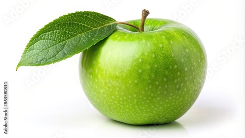 white background, symmetrical, refreshing, food, crisp, fresh, appetizing, diet, leaf, apple tree, vegan, tasty, nutrition, delicious, Green apple with leaf isolated on white background