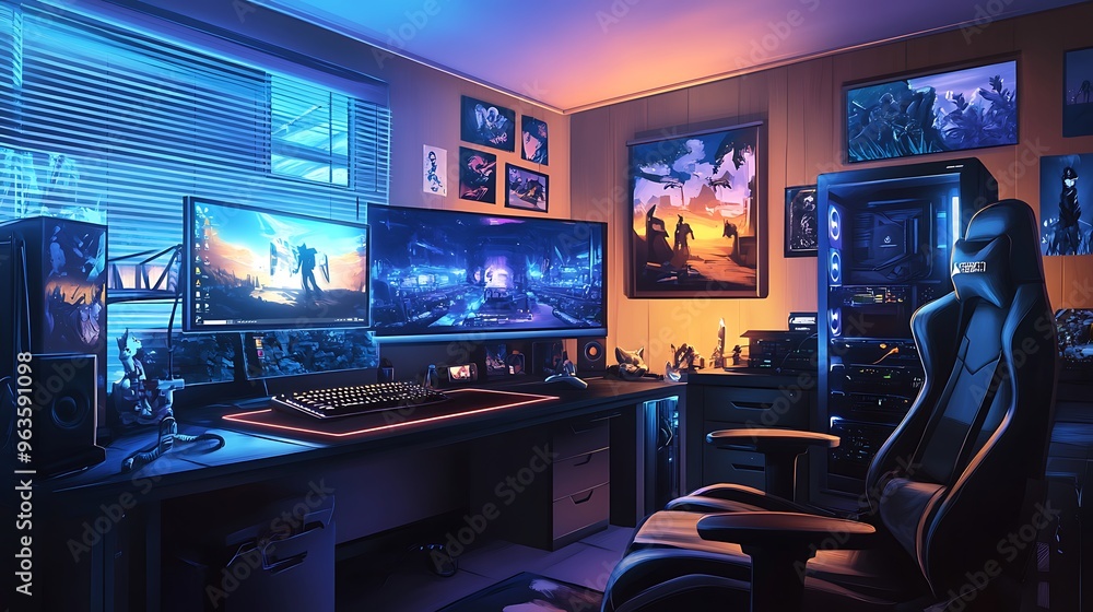 Modern Gaming Setup with RGB Lighting and Gaming Chair Modern Gaming Setup with RGB Lighting and Gaming Chair