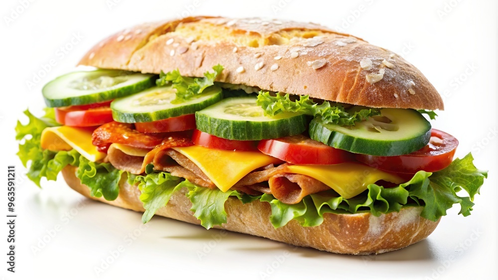 bacon, silhouette, sandwich, salad, A ciabatta sandwich is served alongside a fresh salad consisting of sliced tomatoes cucumbers cheese and crispy bacon all isolated on a white background bacon, silhouette, sandwich, salad, A ciabatta sandwich is served alongside a fresh salad consisting of sliced tomatoes cucumbers cheese and crispy bacon all isolated on a white background