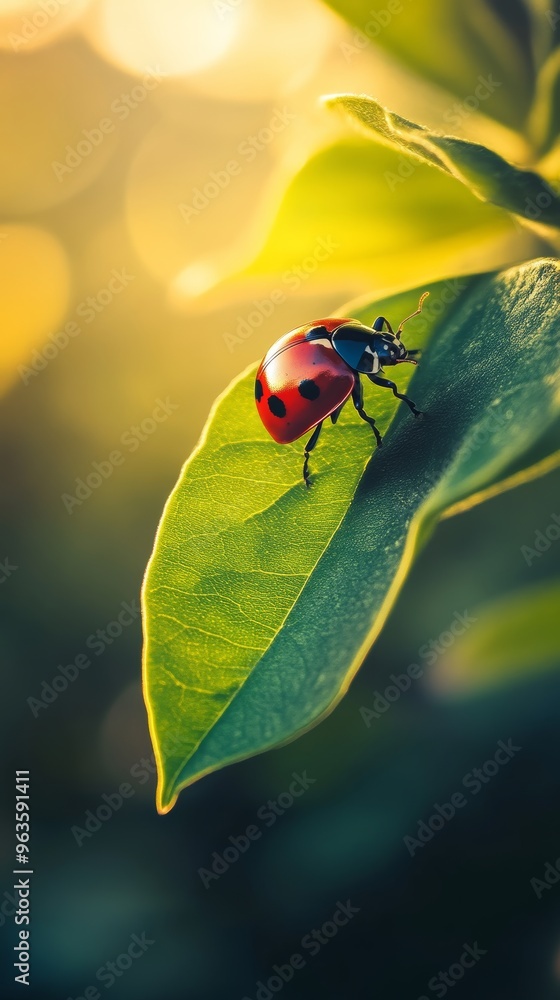 Ladybug on a green leaf in sunlight Ladybug on a green leaf in sunlight