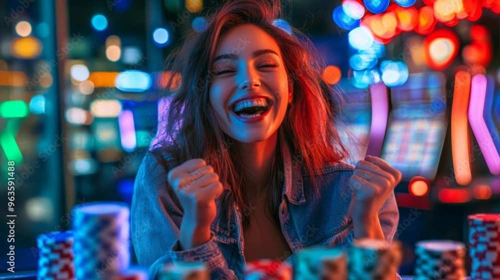 Obraz premium A young woman celebrates with joy at a casino. Bright lights and colorful chips surround her. The energetic atmosphere captures the excitement of gaming. A perfect moment for casino enthusiasts. AI.