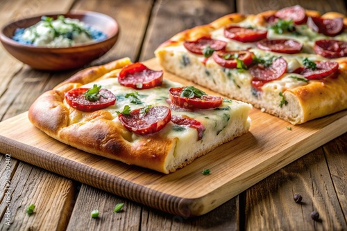 focaccia, bread, wooden chopping board, cheese, savory, gourmet, salami, A delicious focaccia topped with slices of salami and gorgonzola cheese placed on a wooden chopping board