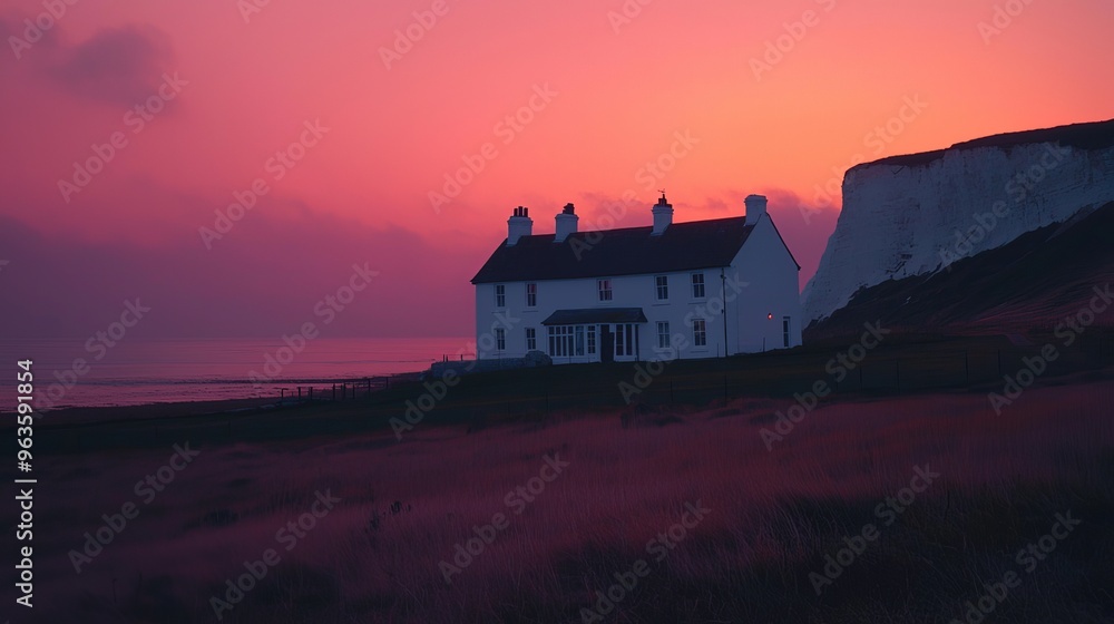 Golden sunset over the house on the cliff Golden sunset over the house on the cliff