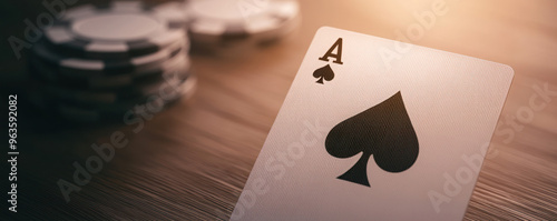 Close-up of an ace of spades playing card with poker chips, perfect for gambling, games, and casino-themed projects. high quality photo