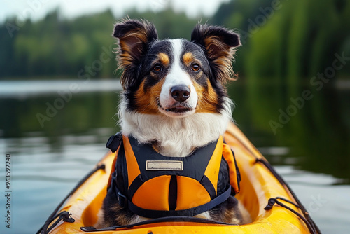 Australian Shepherd wearing a life jacket, sitting in a kayak on a calm lake, camping with pets concept 