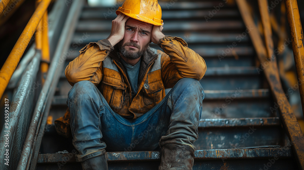 Exhausted construction Worker Resting on Industrial Stairs Exhausted construction Worker Resting on Industrial Stairs