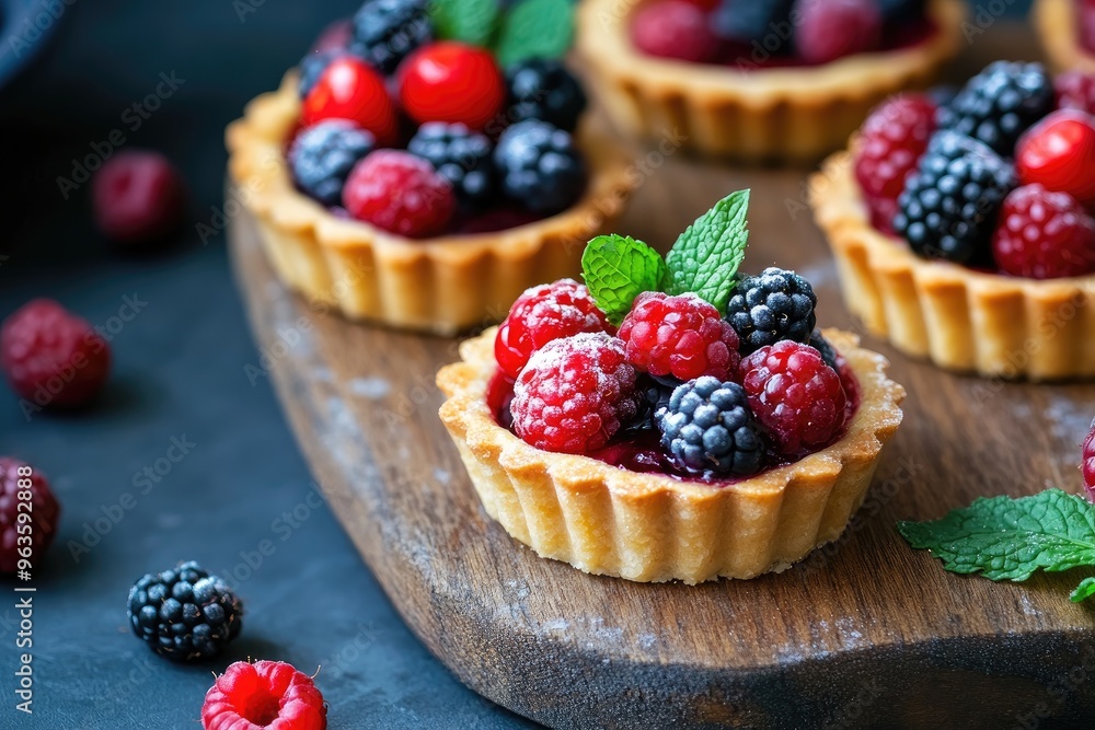 Mini berry tartlets topped with a variety of fresh berries and a mint leaf, displayed on a wooden board Mini berry tartlets topped with a variety of fresh berries and a mint leaf, displayed on a wooden board