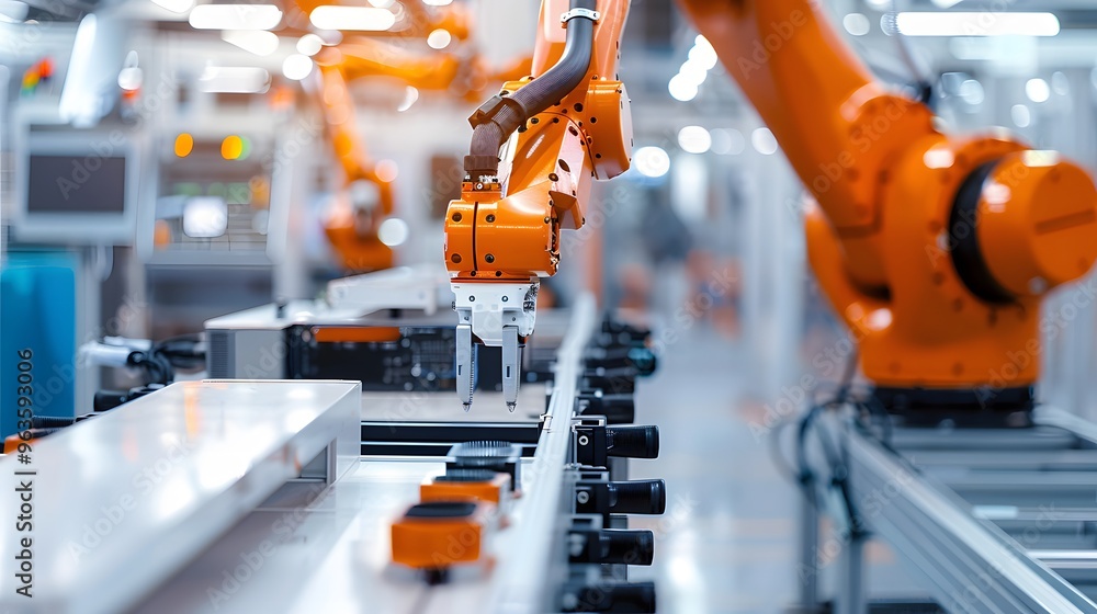 Orange Robotic Arm in Industrial Setting Orange Robotic Arm in Industrial Setting