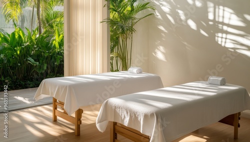 Outdoor Massage Tables Surrounded by Plants and Wooden Wall