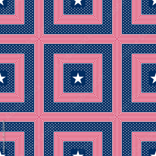 Abstract seamless vector pattern with red striped squares and white five pointed stars. Independence day geometric background suitable for prints, decoration, wrapping paper and fabrics.